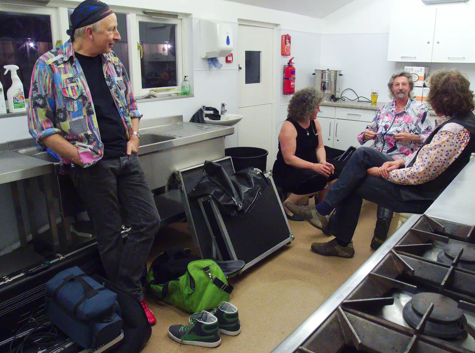 The band hangs out in the kitchen, from The BBs Play Haughley Park Barn, Haughley, Suffolk - 26th April 2014