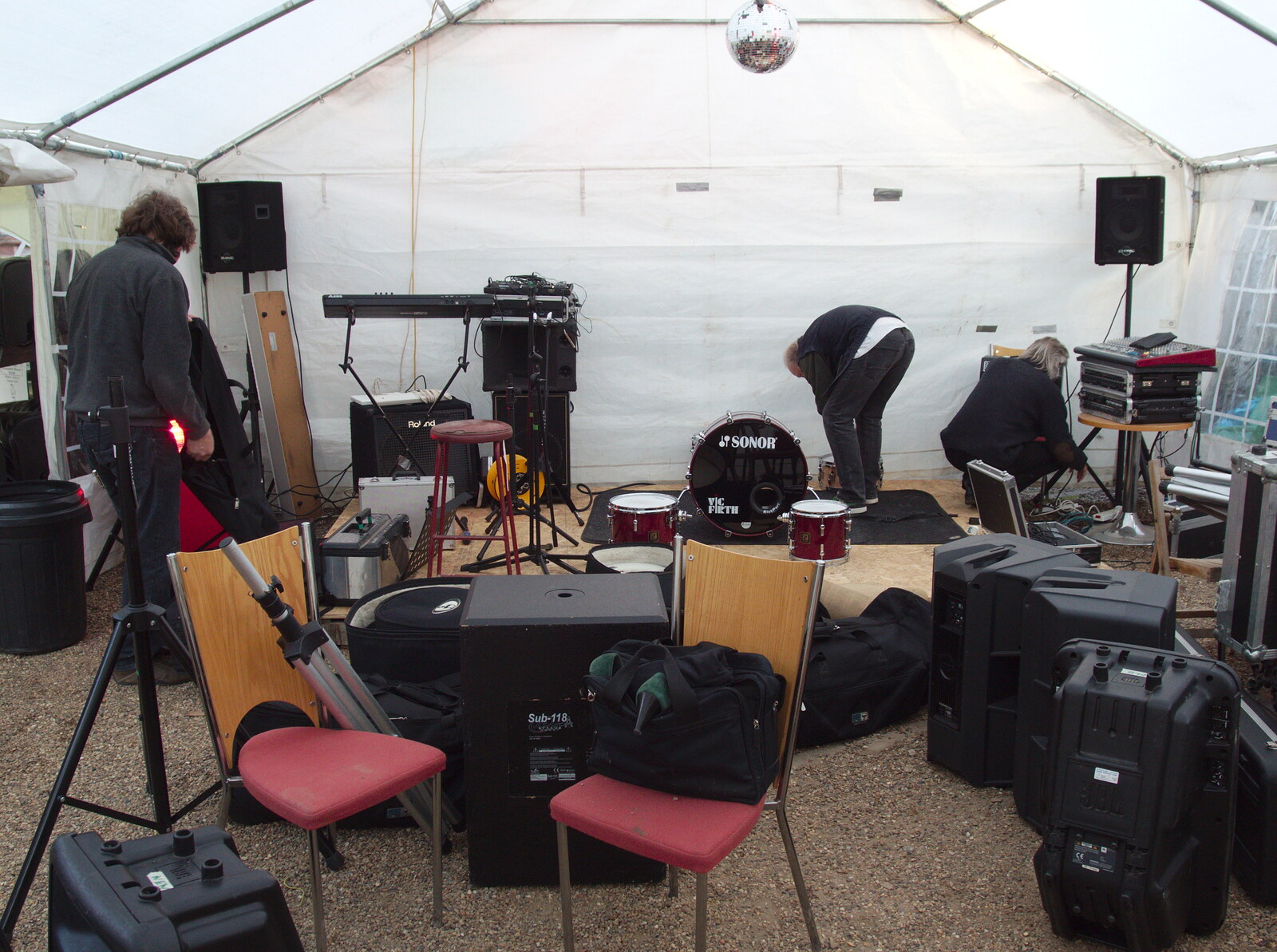 The BBs set up on a tiny stage in a freezing marquee from BBs' Coldest Gig and a Wavy Barbeque, Botesdale and Stuston, Suffolk, 3rd May 2014