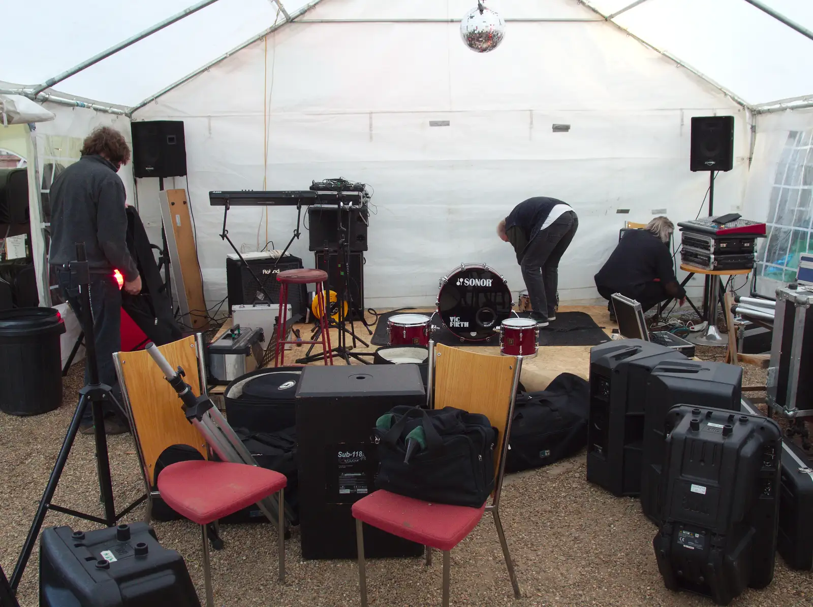 The BBs set up on a tiny stage in a freezing marquee, from BBs' Coldest Gig and a Wavy Barbeque, Botesdale and Stuston, Suffolk, 3rd May 2014