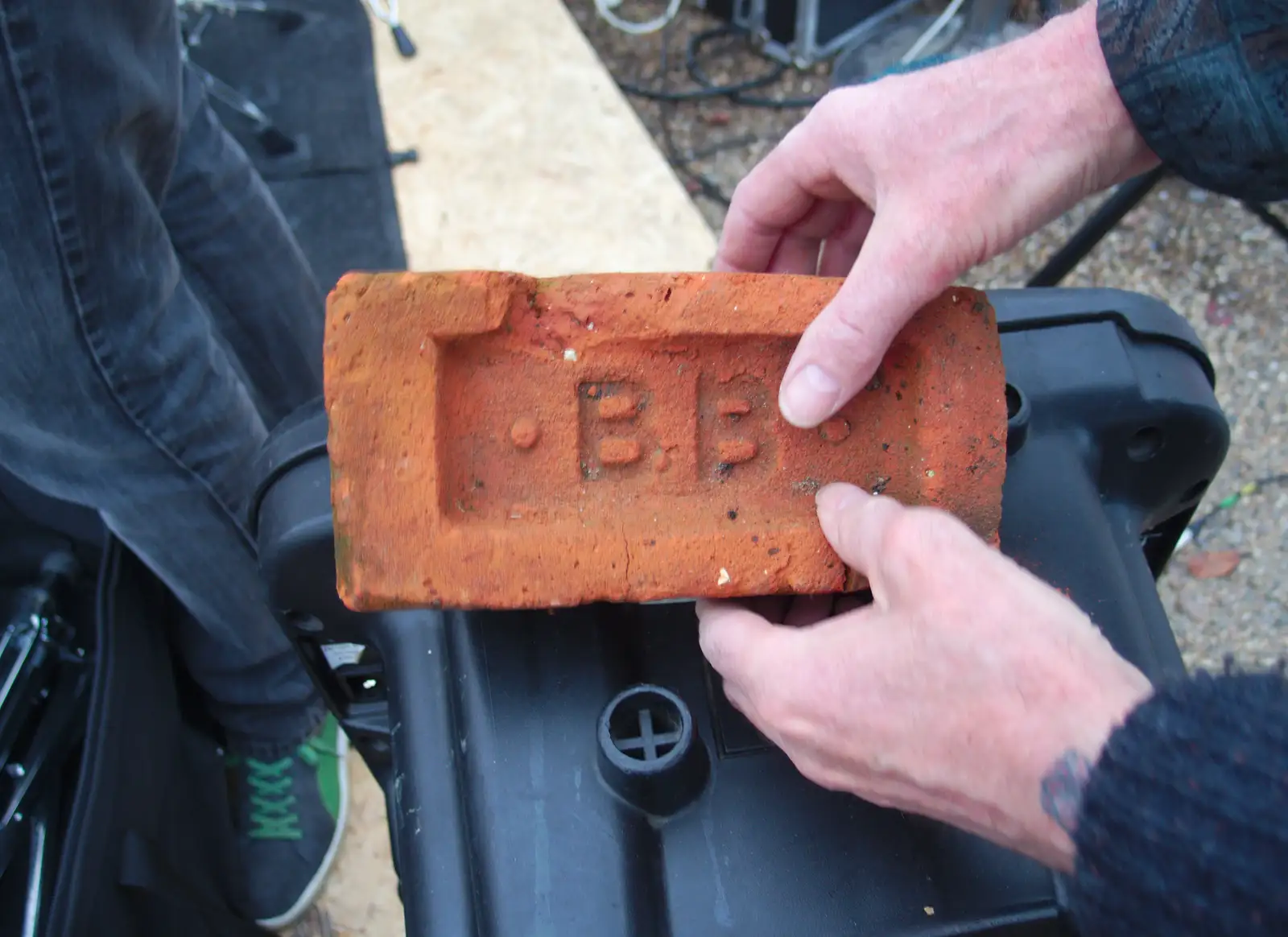 Rob finds a brick with the band's name on it, from BBs' Coldest Gig and a Wavy Barbeque, Botesdale and Stuston, Suffolk, 3rd May 2014