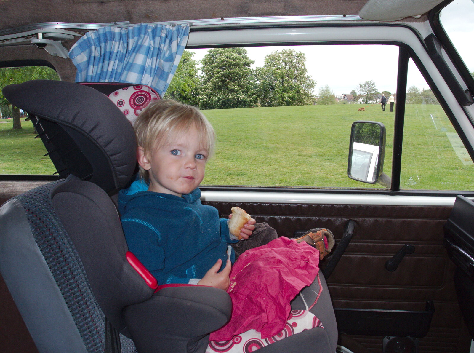 Harry eats a sausage in the van from BBs' Coldest Gig and a Wavy Barbeque, Botesdale and Stuston, Suffolk, 3rd May 2014