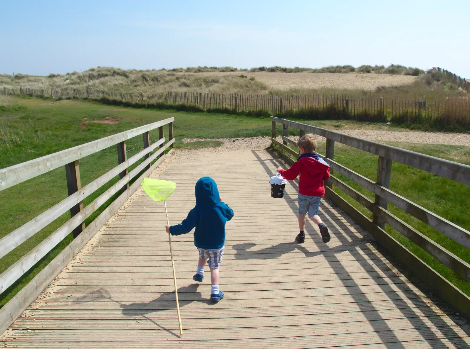 Harry and Fred run ocross the bridge, from Life's A Windy Beach, Walberswick, Suffolk - 5th May 2014