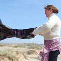 Isobel shakes out the travel rug, Life's A Windy Beach, Walberswick, Suffolk - 5th May 2014