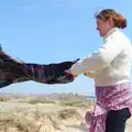 Isobel shakes out the travel rug, Life's A Windy Beach, Walberswick, Suffolk - 5th May 2014