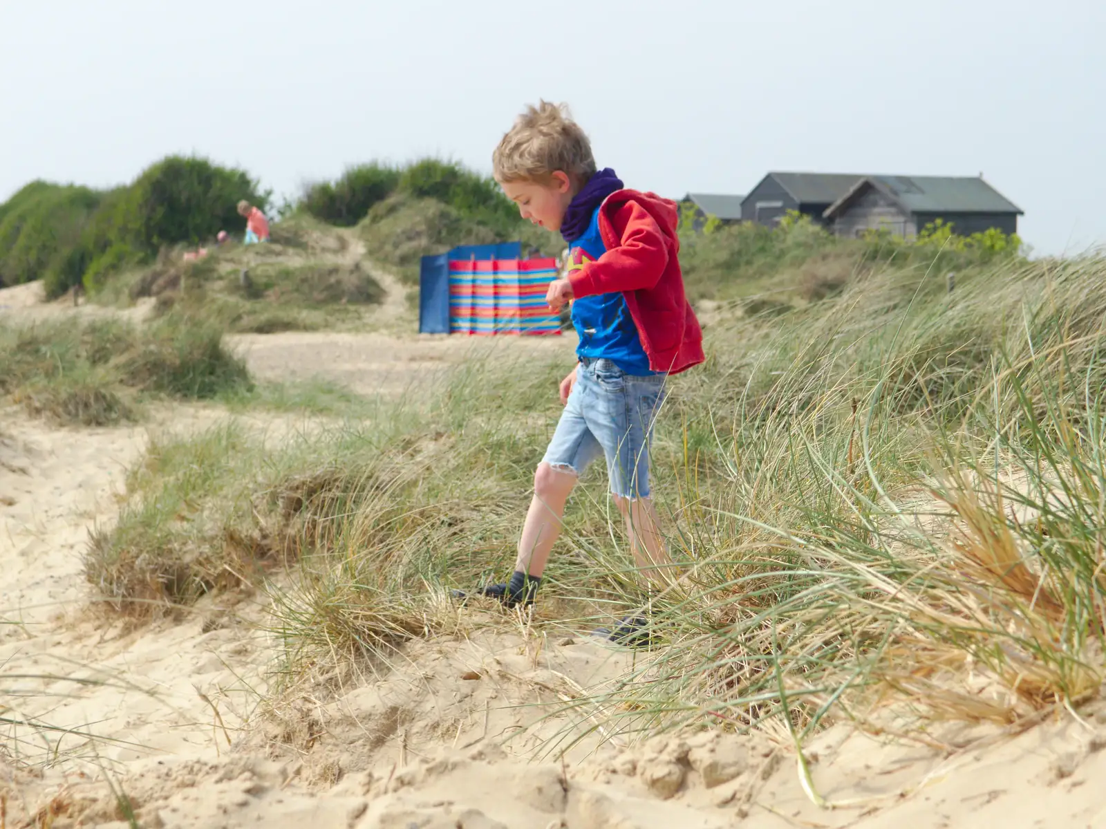 Fred - as Superman - runs up a dune, from Life's A Windy Beach, Walberswick, Suffolk - 5th May 2014