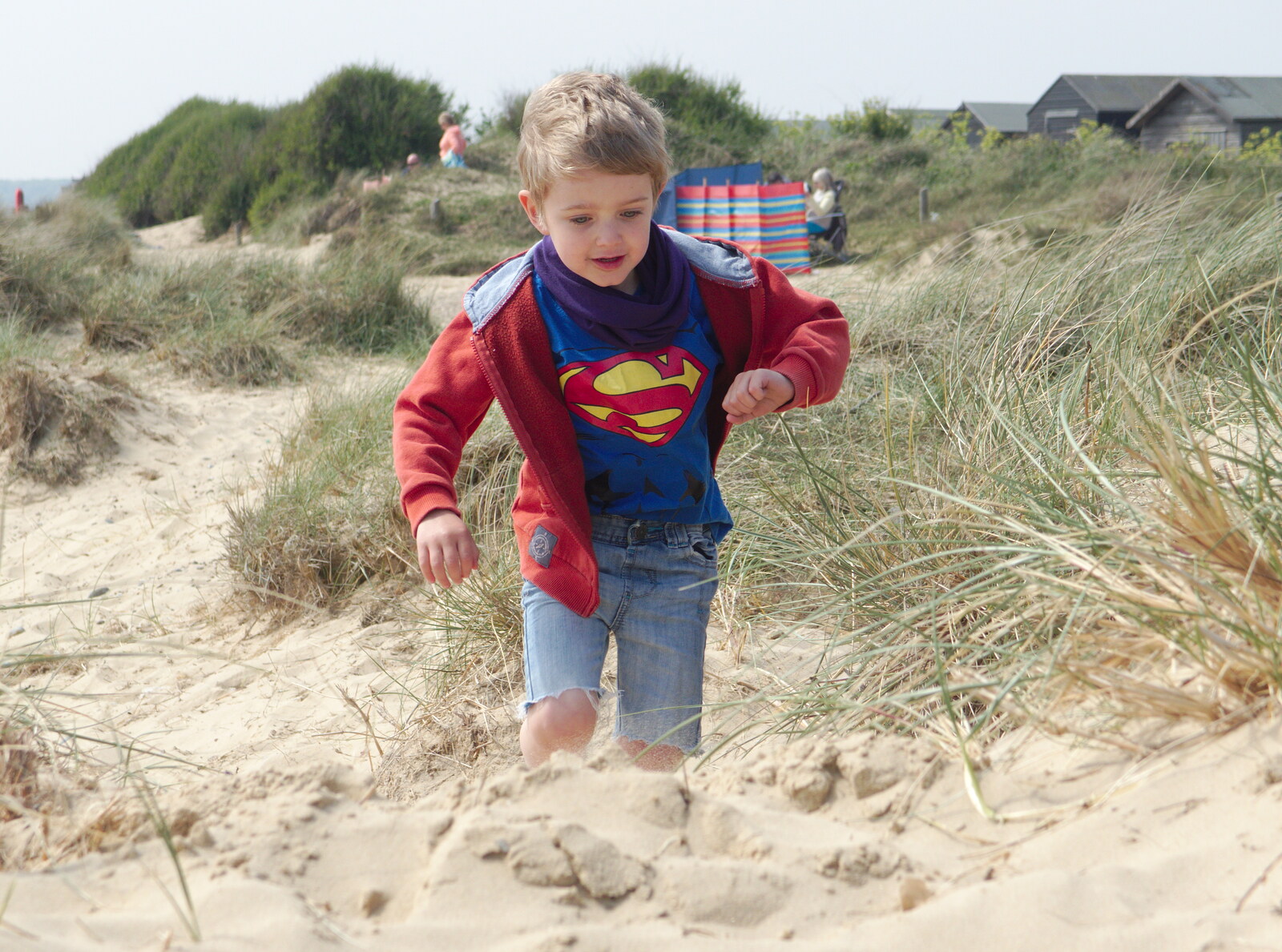 Fred - as Superman - runs up a dune from Life's A Windy Beach, Walberswick, Suffolk - 5th May 2014