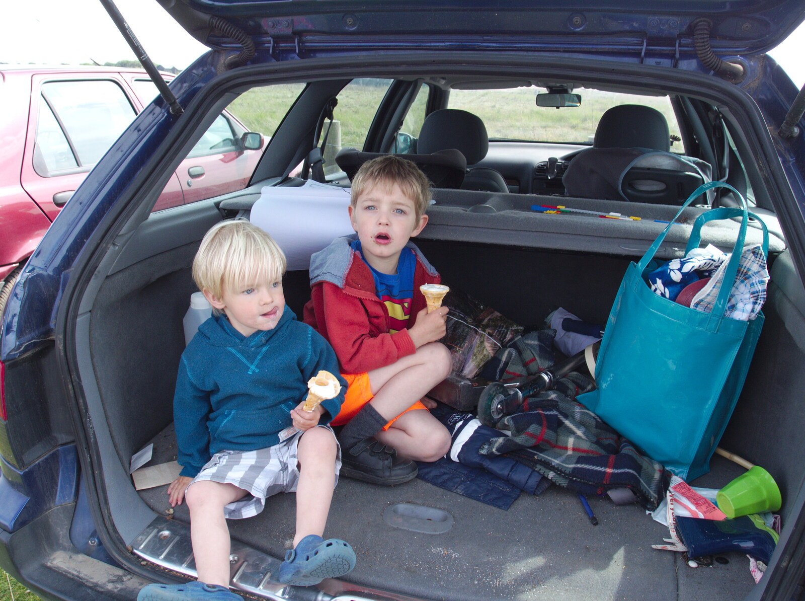 We wait for Isobel in the back of the car from Life's A Windy Beach, Walberswick, Suffolk - 5th May 2014