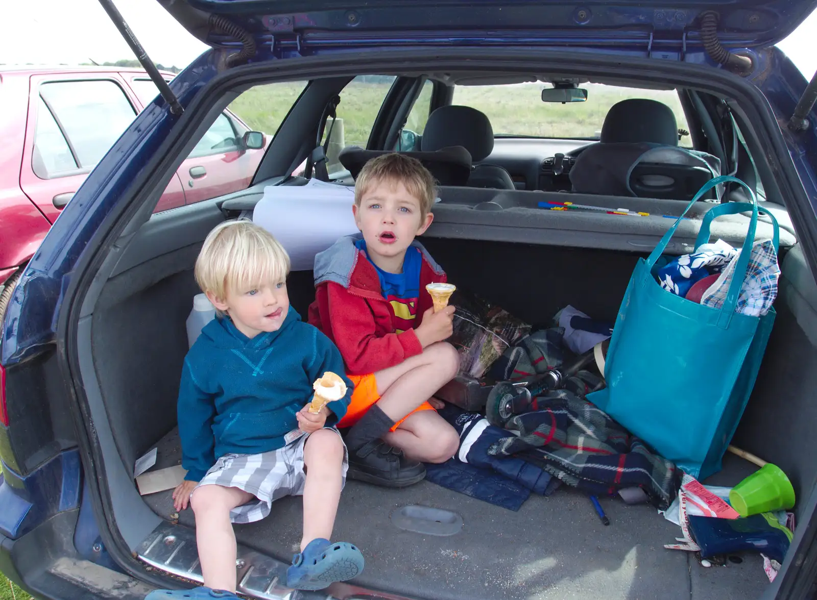 We wait for Isobel in the back of the car, from Life's A Windy Beach, Walberswick, Suffolk - 5th May 2014