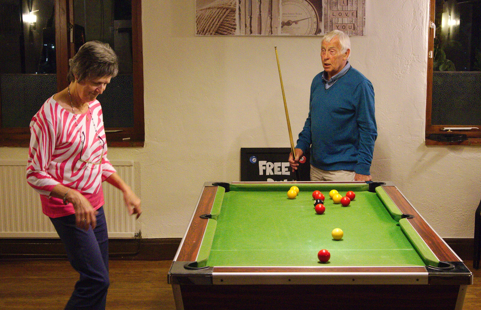 Jill and Colin play pool from A Return to Bedford: the BSCC Annual Weekend Away, Shefford, Bedfordshire - 10th May 2014