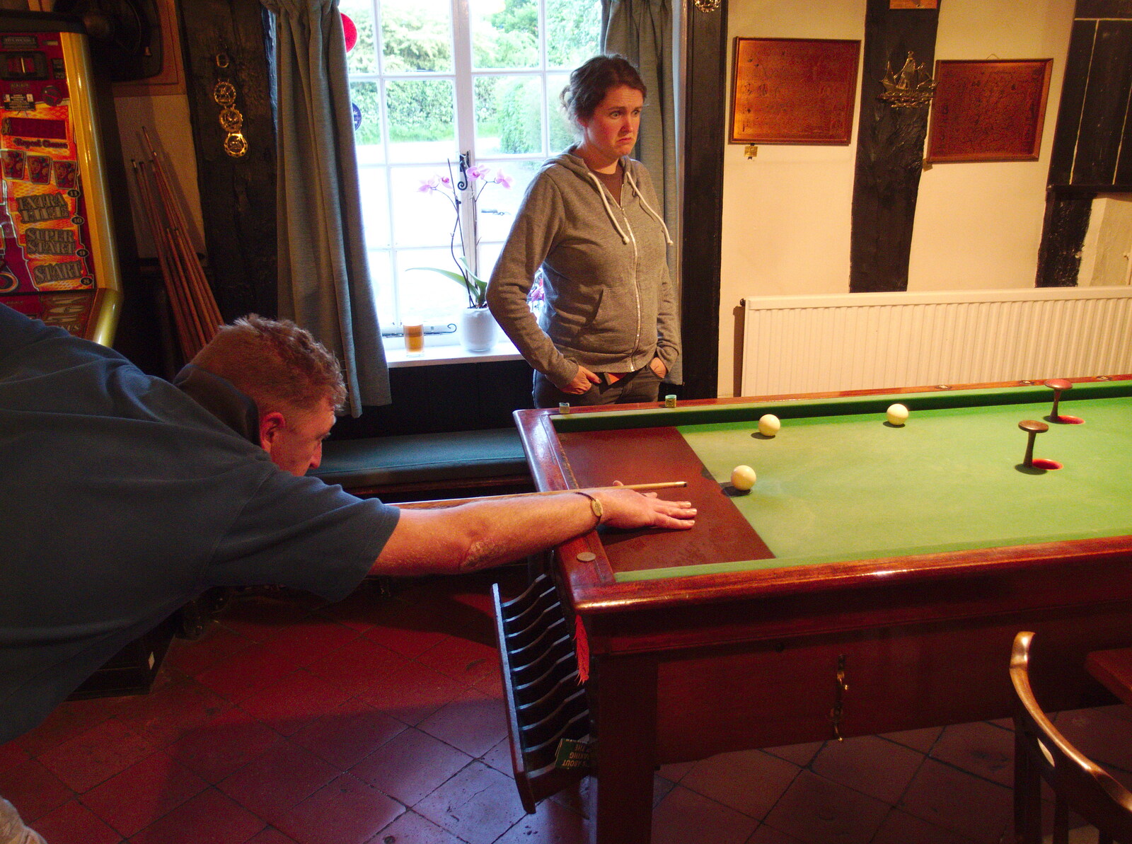 Gaz cues up for Bar Billiards from The BSCC at The Crown, Bedfield, Suffolk - 15th May 2014