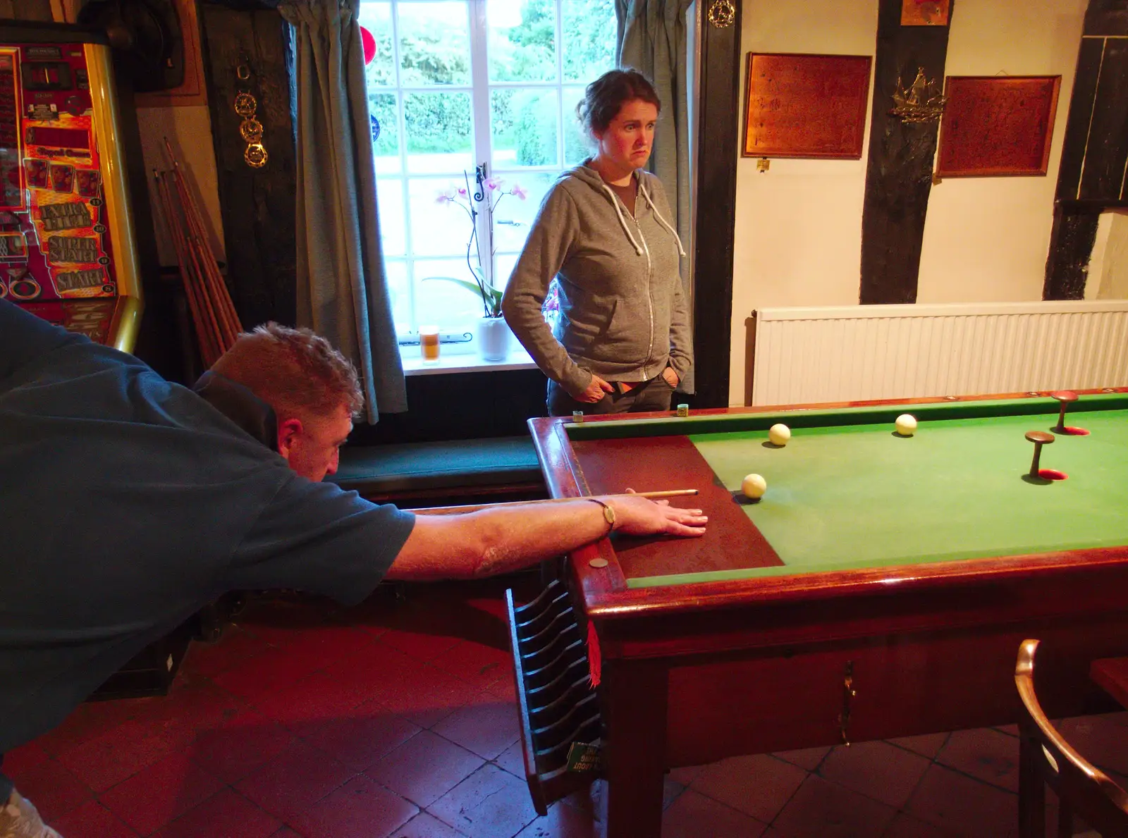 Gaz cues up for Bar Billiards, from The BSCC at The Crown, Bedfield, Suffolk - 15th May 2014