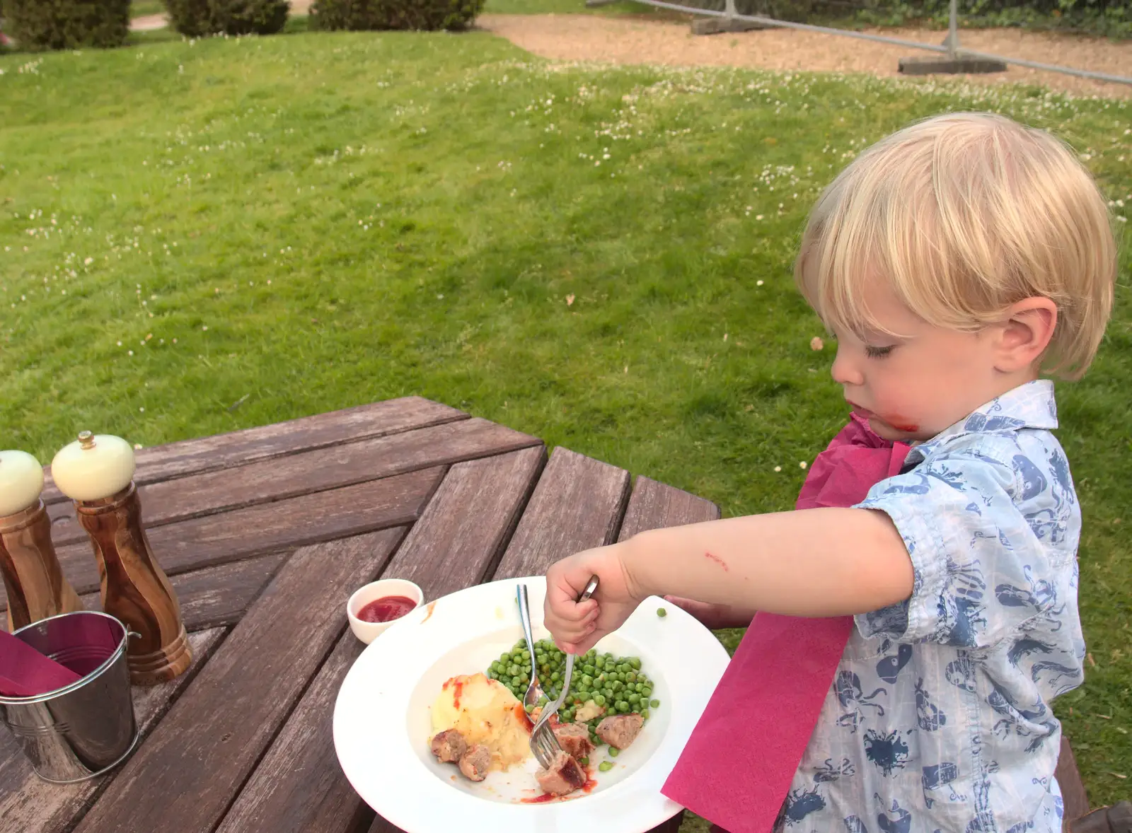 Harry eats sausages and mash for lunch, from Thornham Four Horseshoes, and the Oaksmere, Brome, Suffolk - 17th May 2014