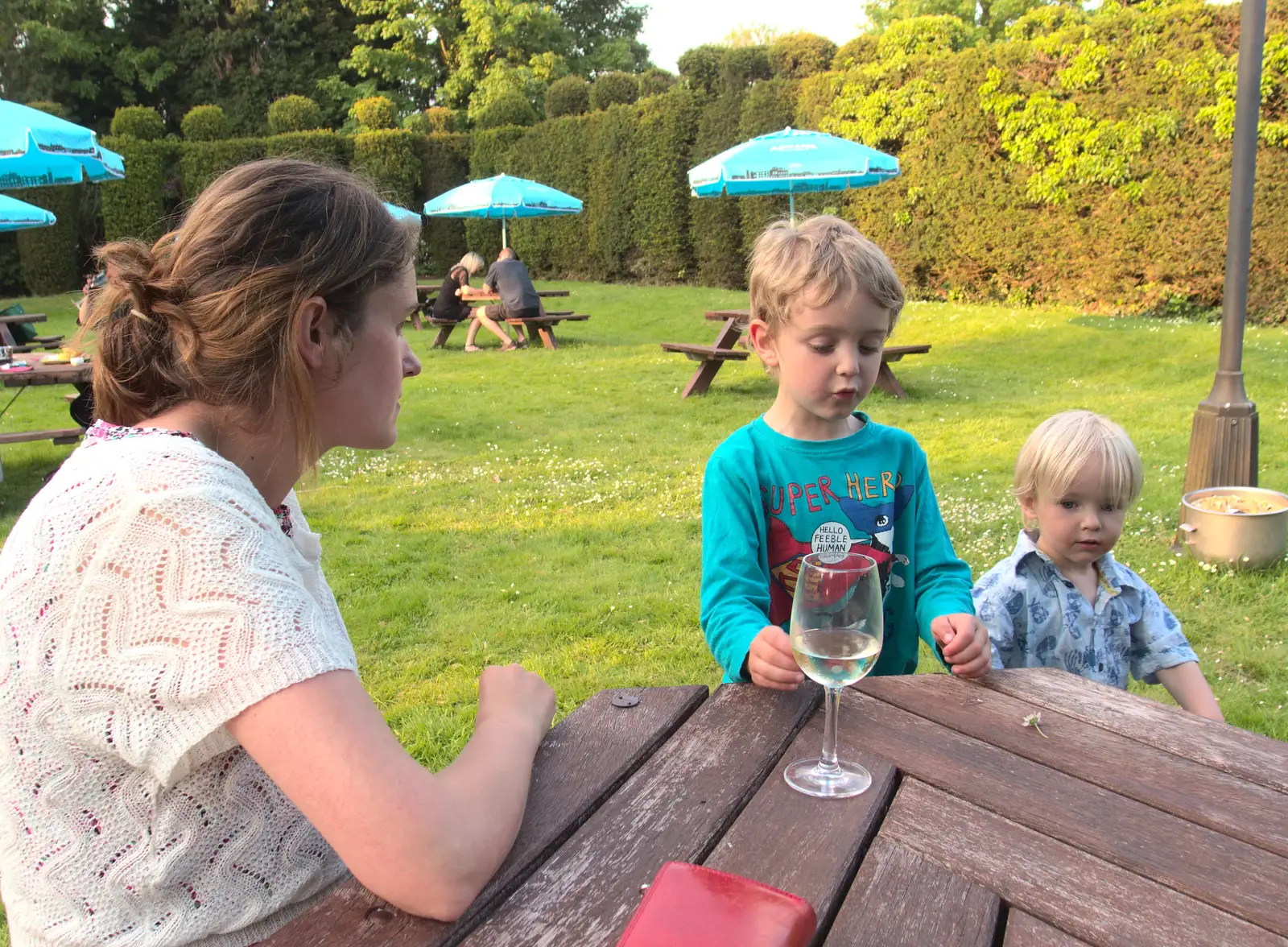 Isobel, Fred and Harry in the topiary garden, from Thornham Four Horseshoes, and the Oaksmere, Brome, Suffolk - 17th May 2014