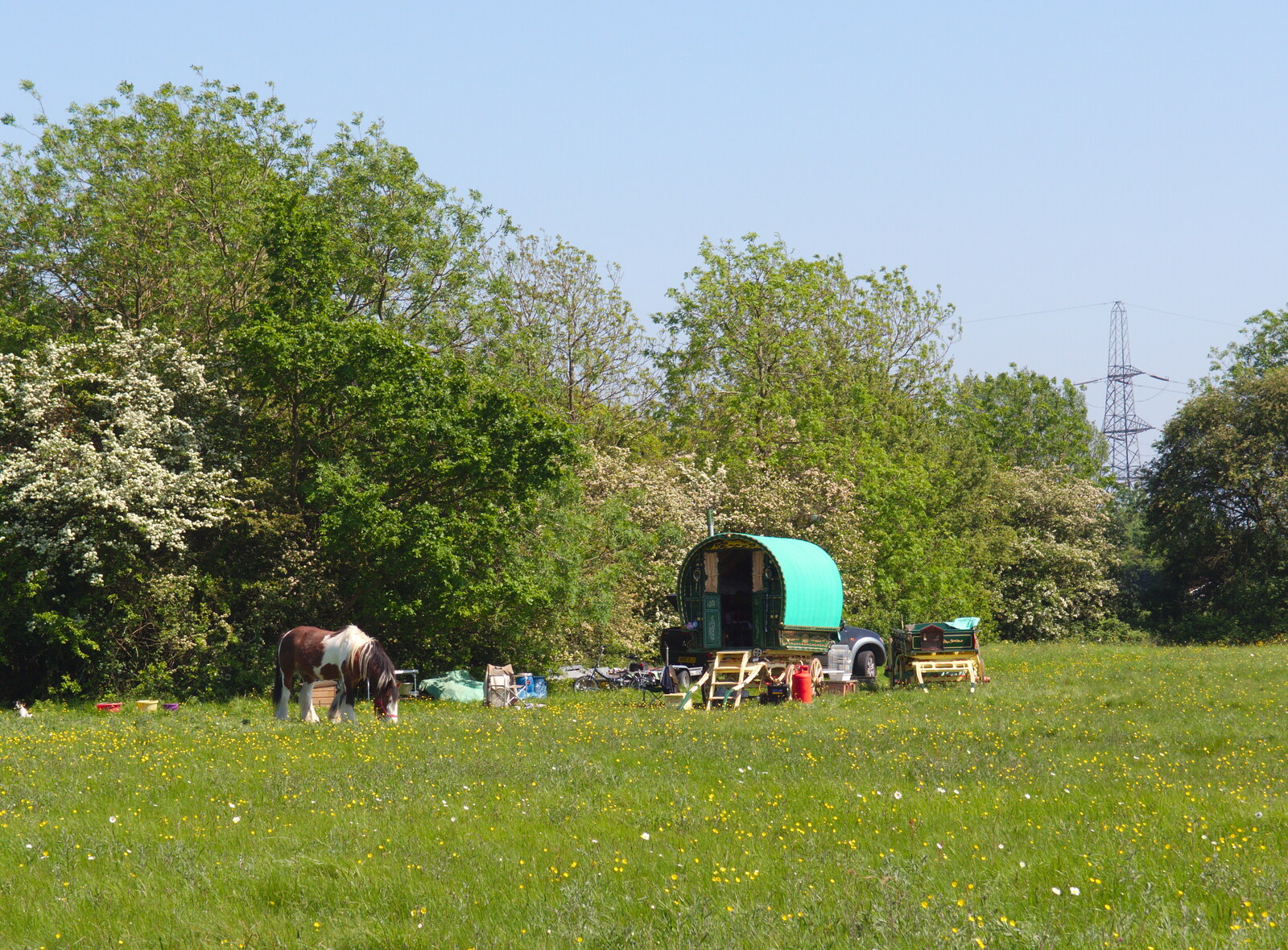 A Gypsy caravan and horse on the common from Thornham Four Horseshoes, and the Oaksmere, Brome, Suffolk - 17th May 2014