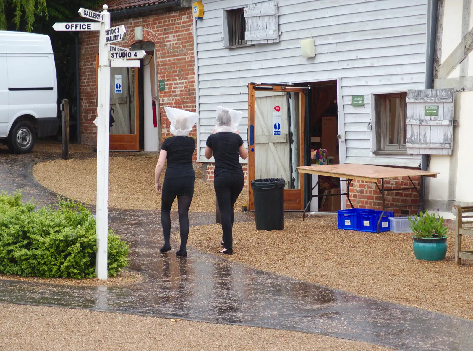 Plastic bags make handy, if unsafe, hats, from The BBs Play Scrabble at Wingfield Barns, Wingfield, Suffolk - 24th May 2014