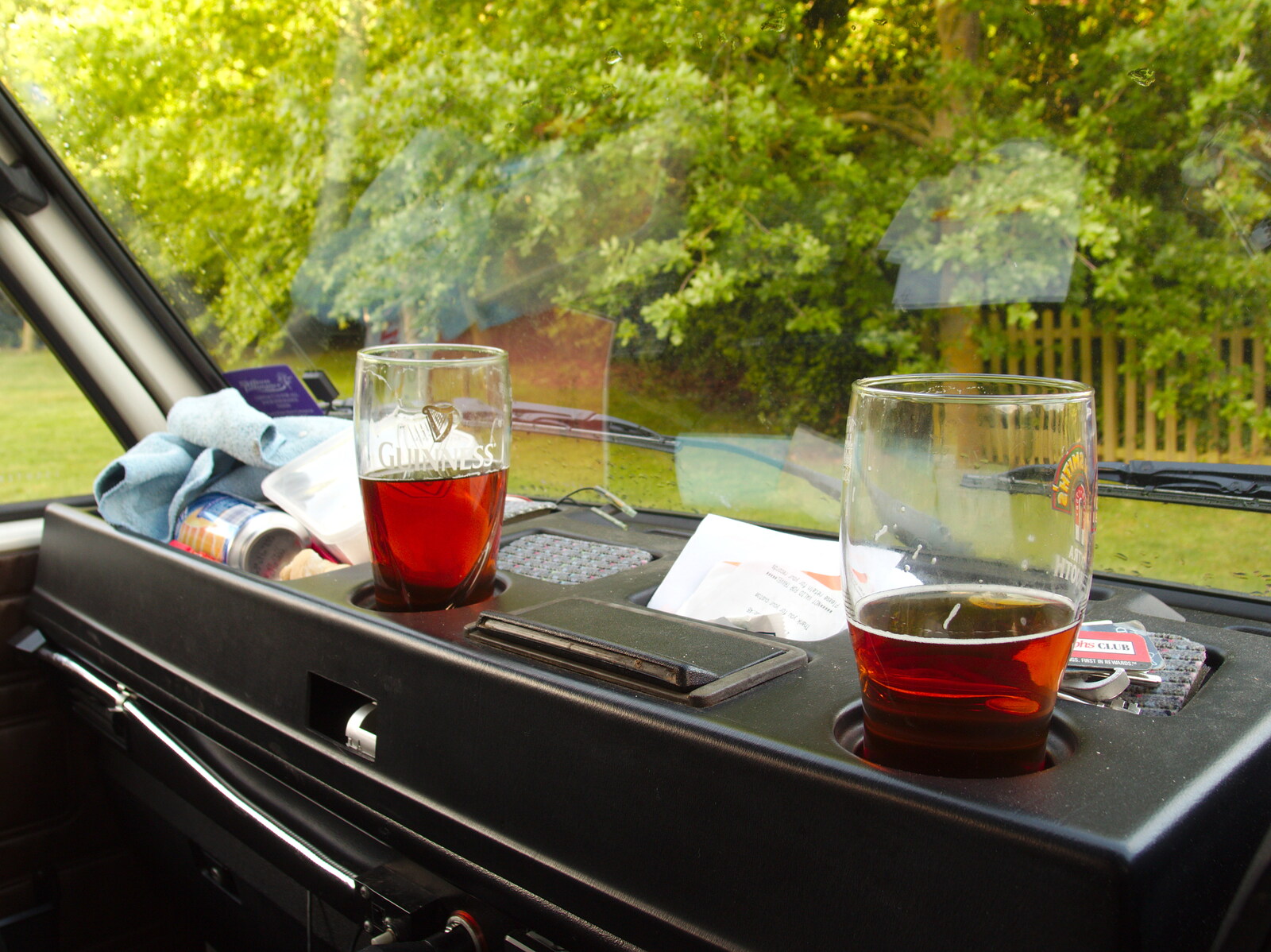 The cup holders in the van come in handy from The BBs Play Scrabble at Wingfield Barns, Wingfield, Suffolk - 24th May 2014