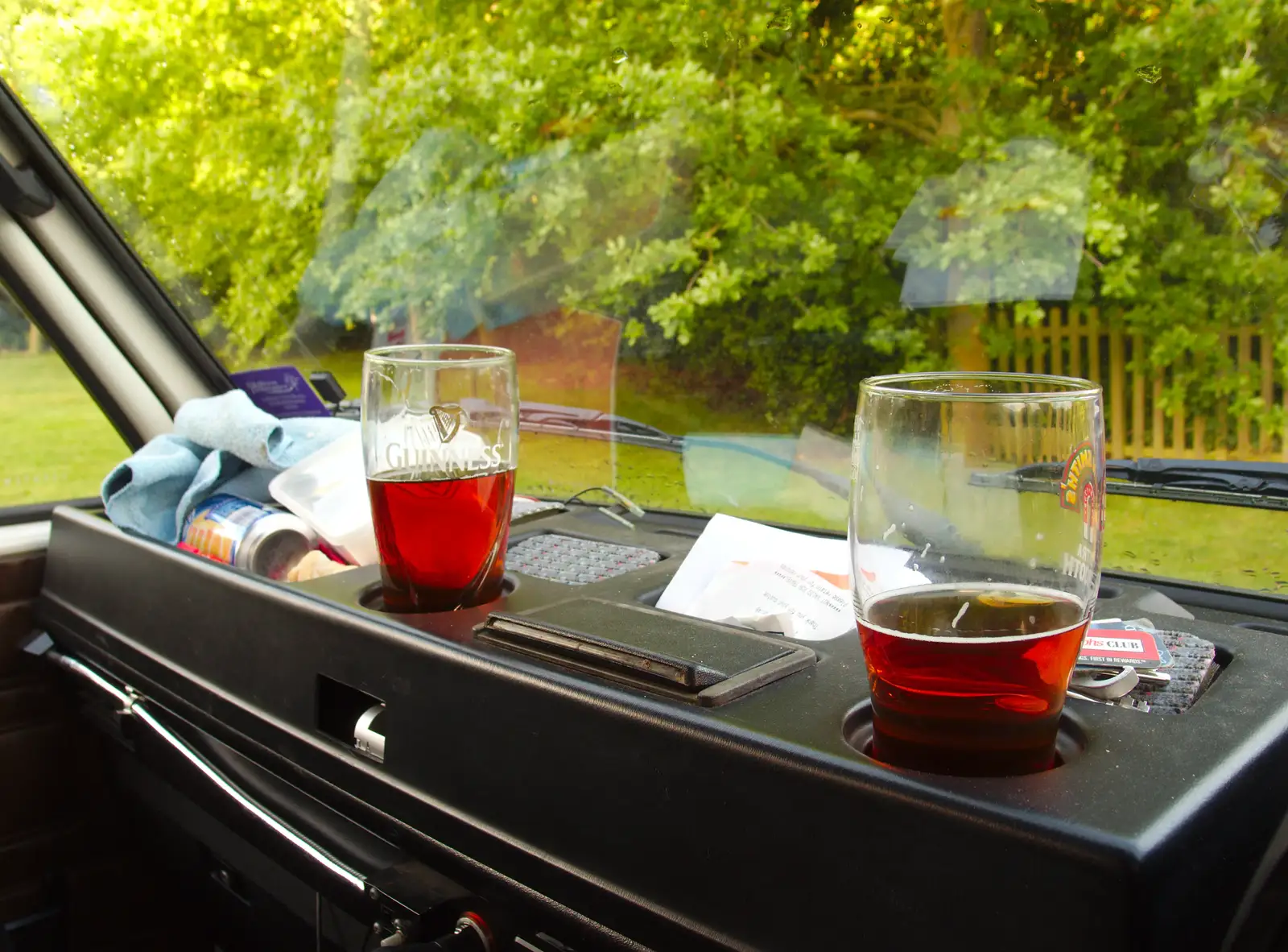 The cup holders in the van come in handy, from The BBs Play Scrabble at Wingfield Barns, Wingfield, Suffolk - 24th May 2014