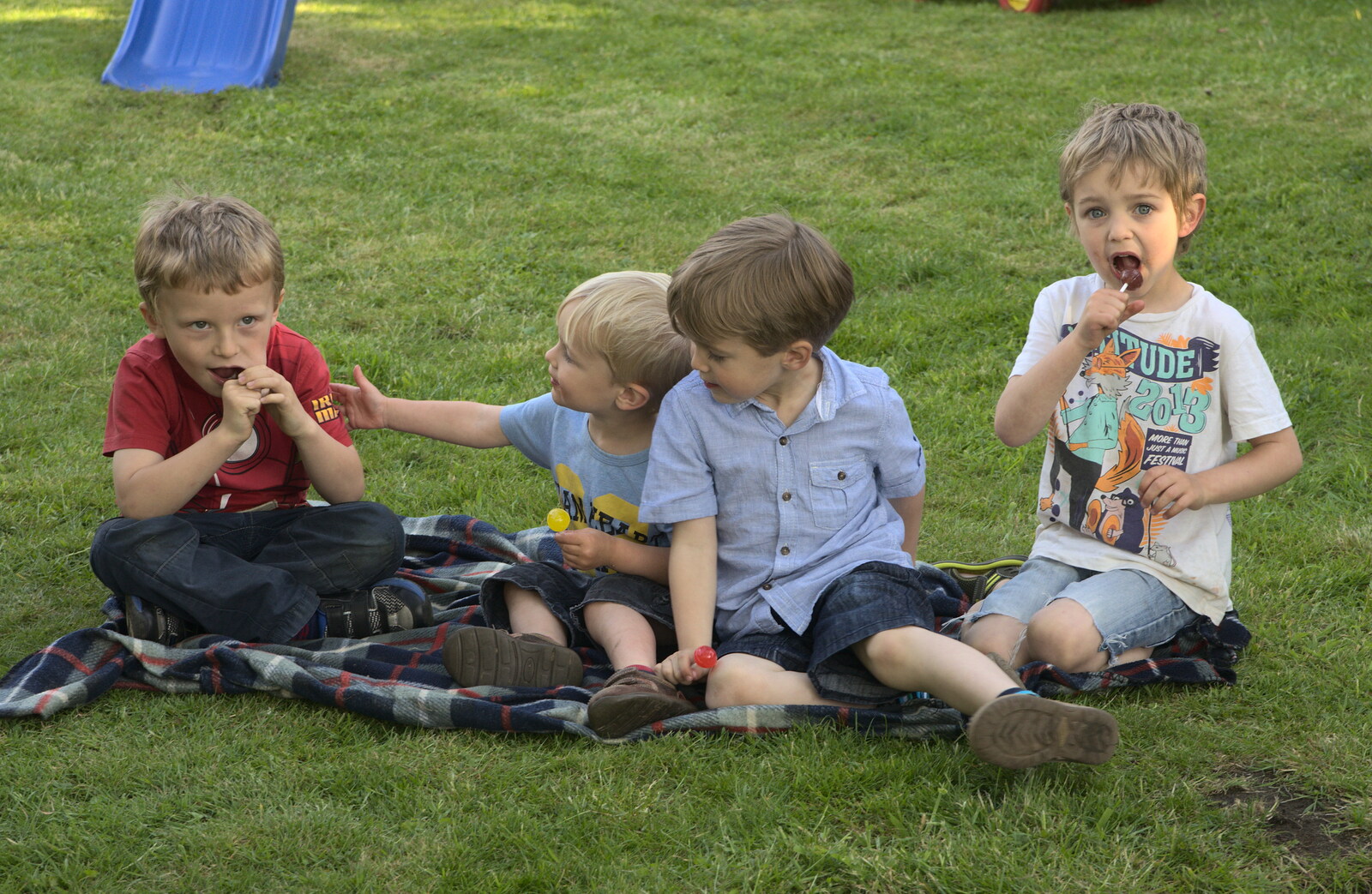 Edward, Harry, Henry and Fred eat lollies from A "Not a Birthday Party" Barbeque, Brome, Suffolk - 25th May 2014