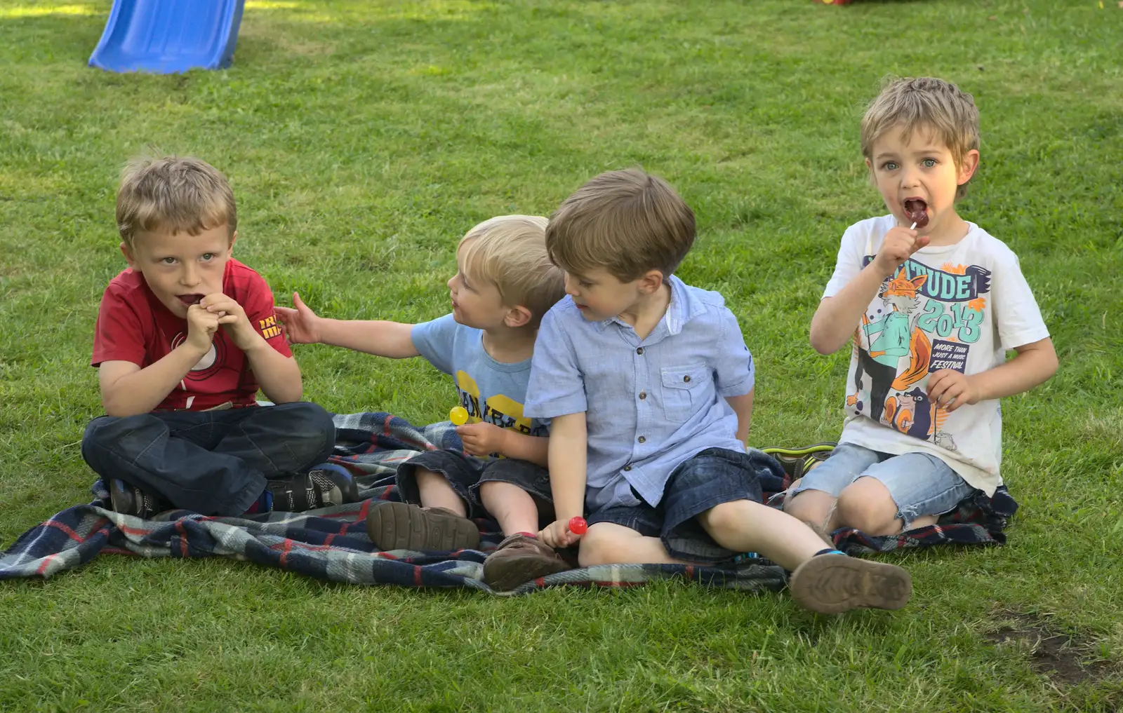 Edward, Harry, Henry and Fred eat lollies, from A "Not a Birthday Party" Barbeque, Brome, Suffolk - 25th May 2014