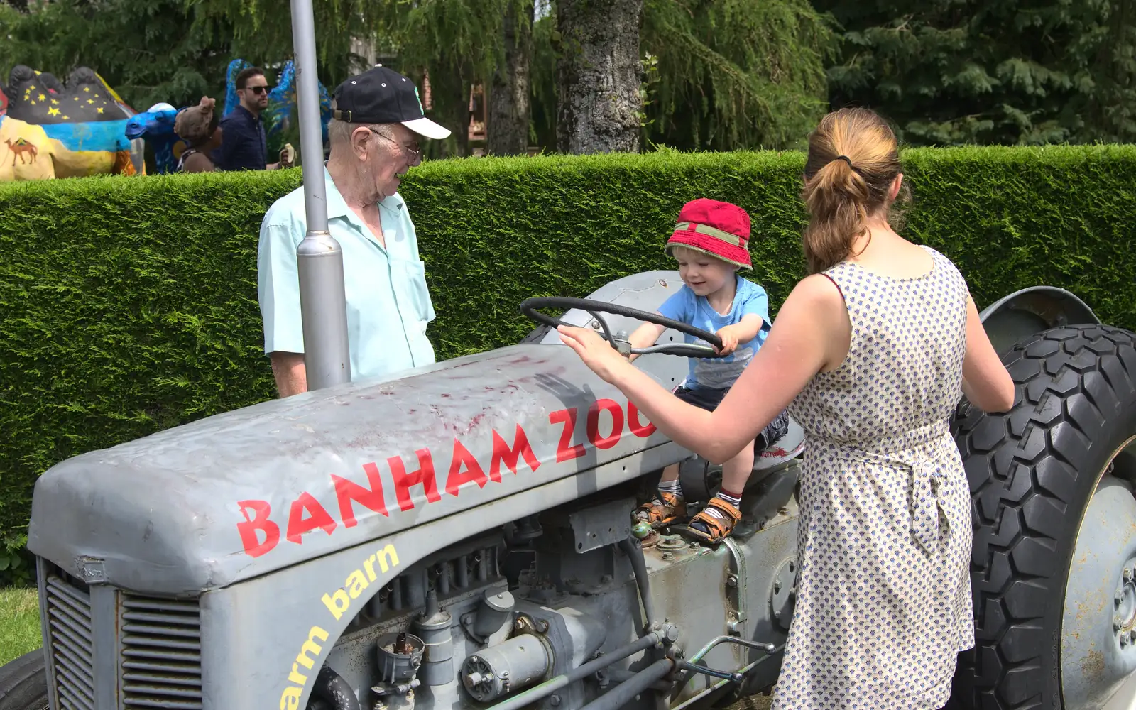 Harry has a go on the Little Grey Fergie, from A Birthday Trip to the Zoo, Banham, Norfolk - 26th May 2014