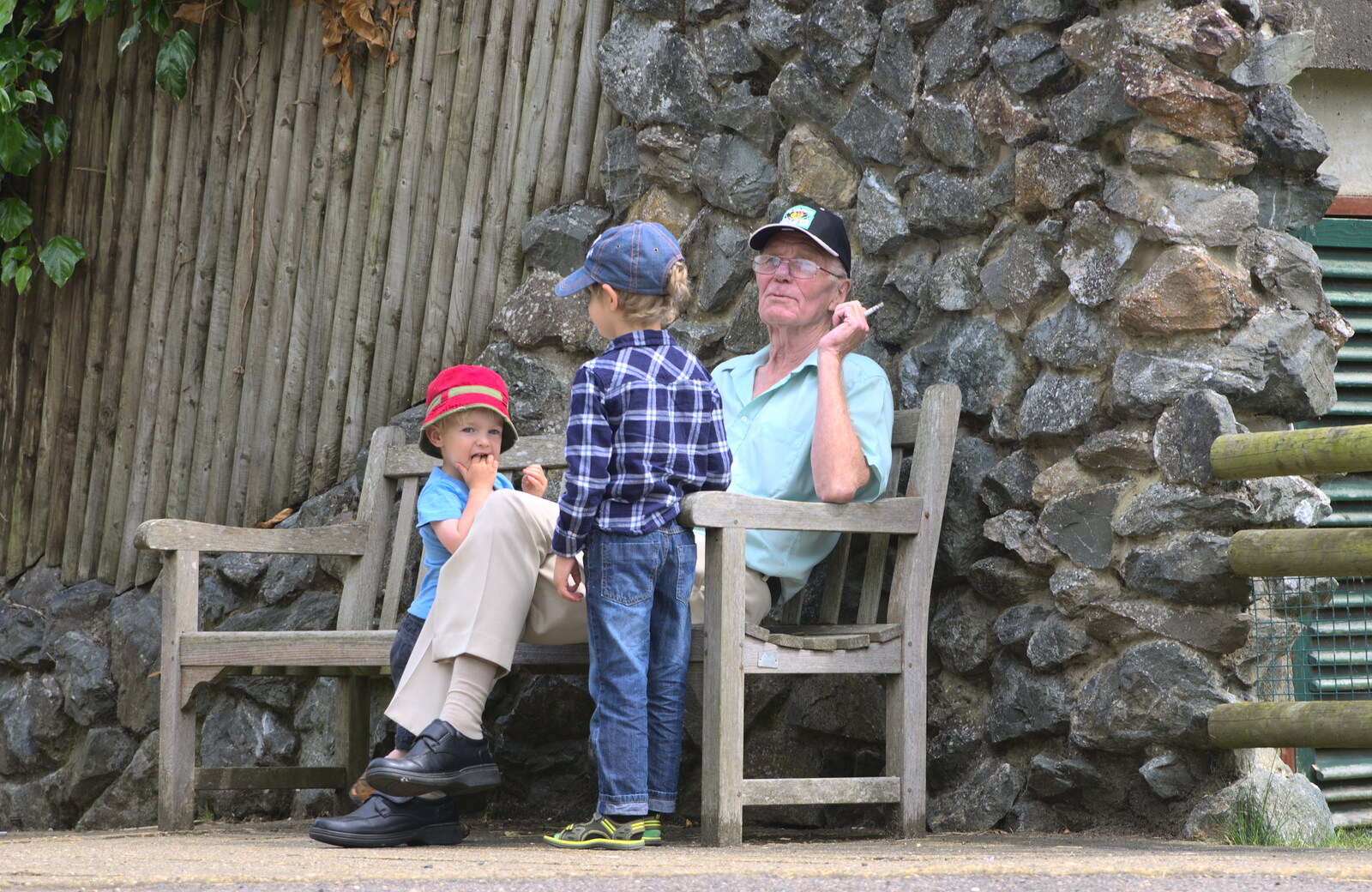 A Birthday Trip to the Zoo, Banham, Norfolk - 26th May 2014: Grandad's got a fag on as the boys hang around