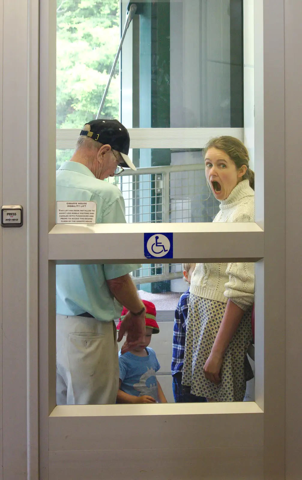 Grandad wants to get the lift downstairs, from A Birthday Trip to the Zoo, Banham, Norfolk - 26th May 2014