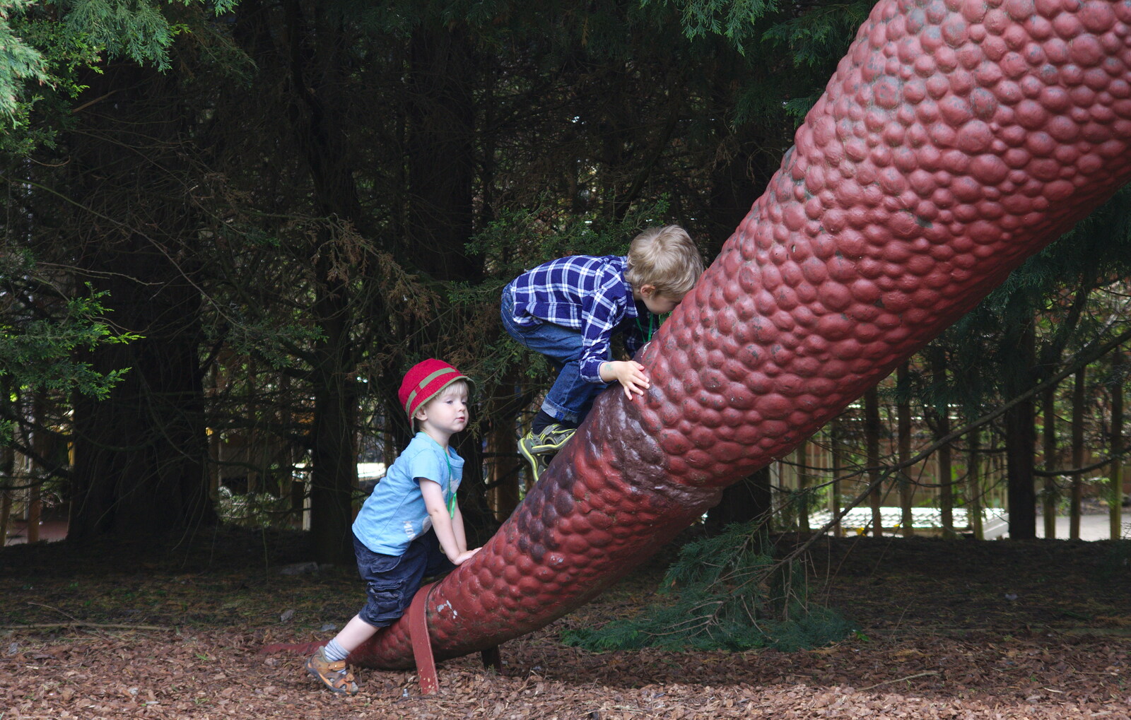 Fred and Harry climb the dinosaur tail from A Birthday Trip to the Zoo, Banham, Norfolk - 26th May 2014