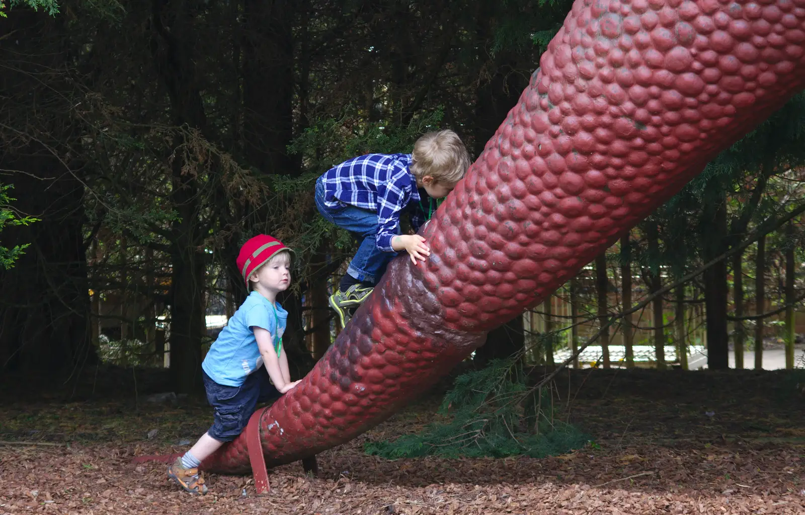 Fred and Harry climb the dinosaur tail, from A Birthday Trip to the Zoo, Banham, Norfolk - 26th May 2014