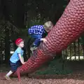 Fred and Harry climb the dinosaur tail, A Birthday Trip to the Zoo, Banham, Norfolk - 26th May 2014