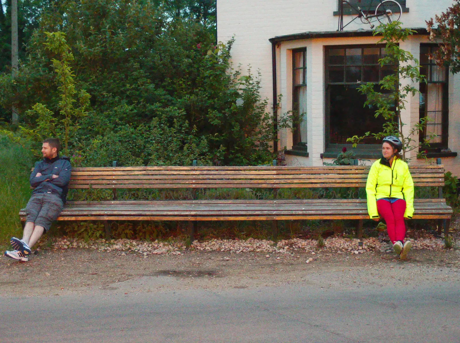 The Boy Phil and Isobel on the world's longest bench, from The BSCC at the Railway Tavern, Mellis, Suffolk - 28th May 2014