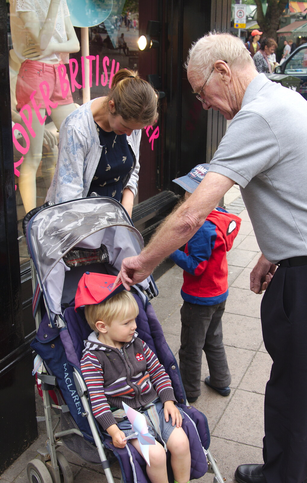 Grandad adjusts Harry's cap from Sis and Matt Visit, Suffolk and Norfolk - 31st May 2014