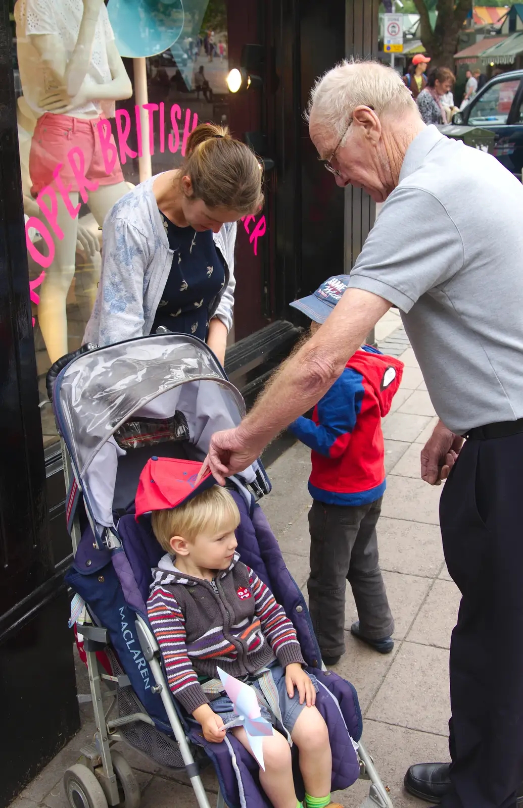 Grandad adjusts Harry's cap, from Sis and Matt Visit, Suffolk and Norfolk - 31st May 2014