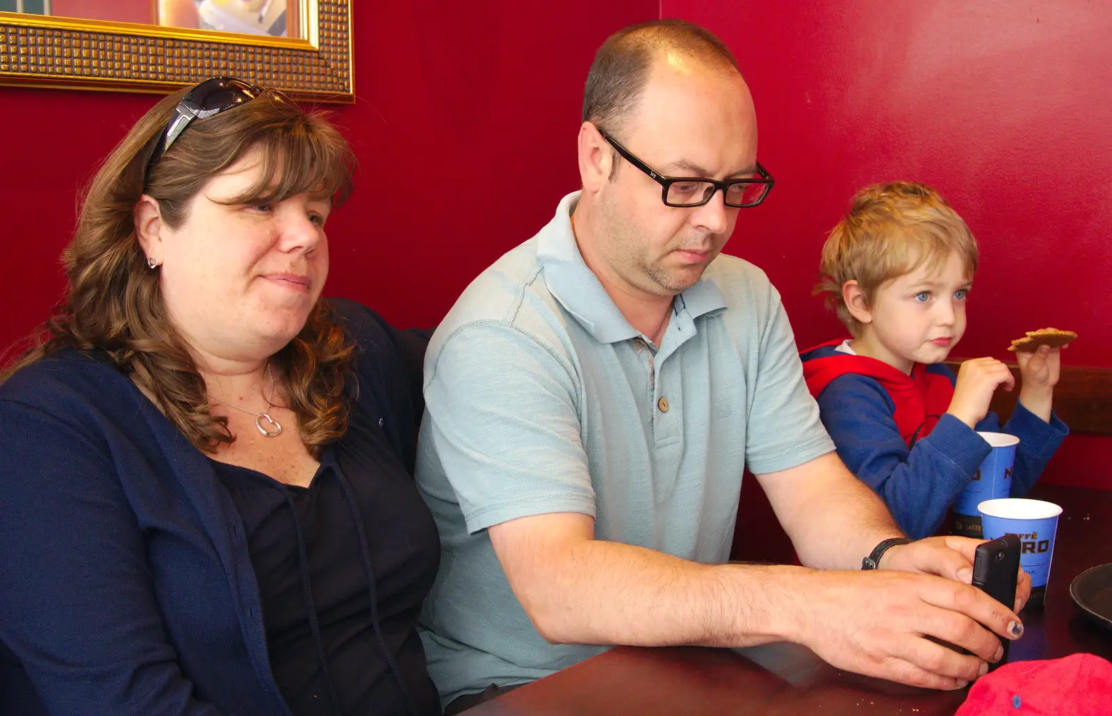 Sis, Matt and Fred in Café Nero, from Sis and Matt Visit, Suffolk and Norfolk - 31st May 2014