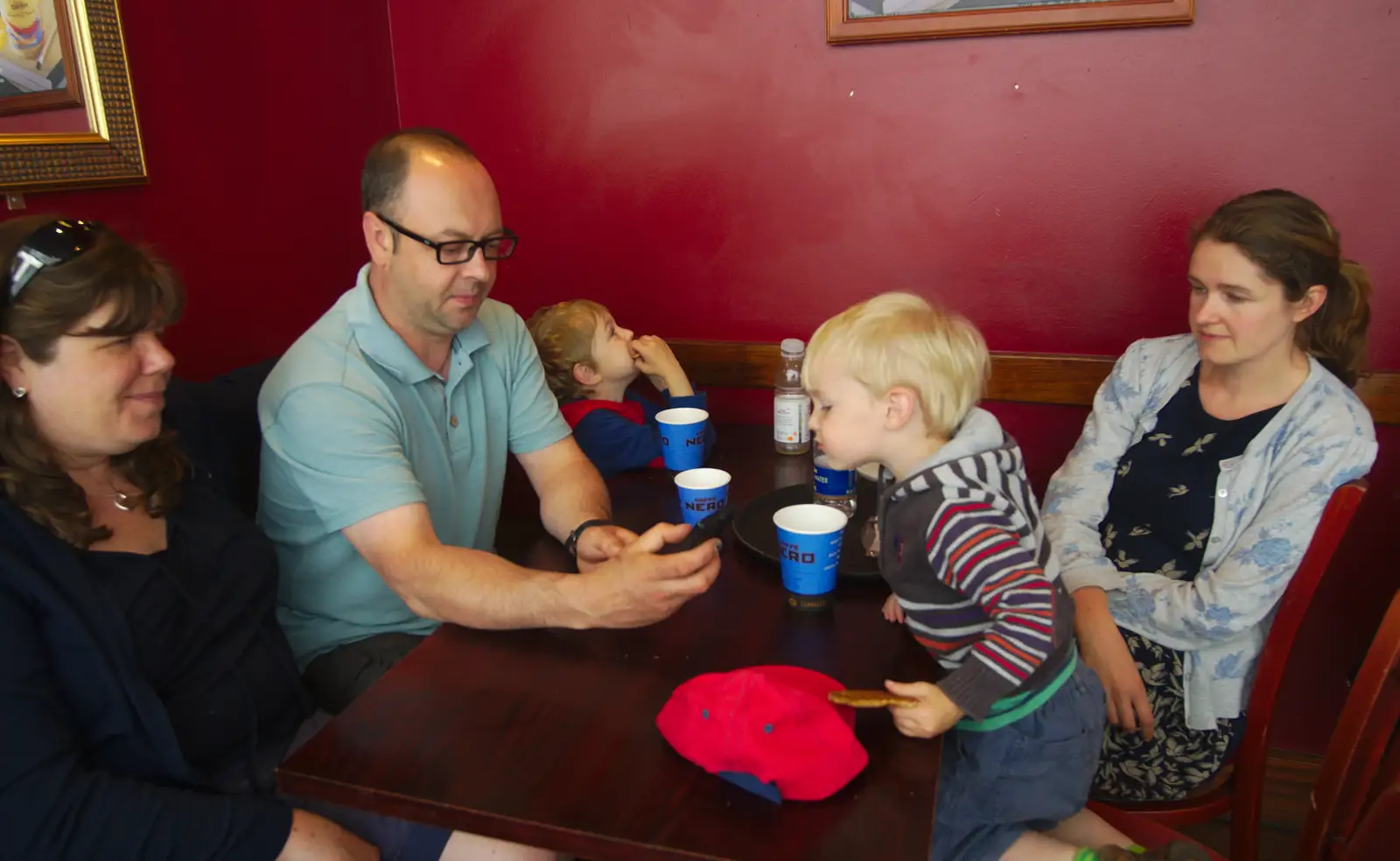 Harry tries to see Matt's phone, from Sis and Matt Visit, Suffolk and Norfolk - 31st May 2014