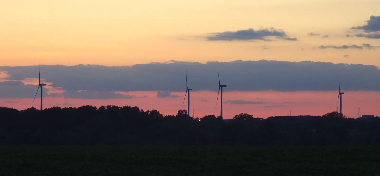 Wind turbines from the top of the hill behind Eye, from The BSCC at the Victoria, Earl Soham, Suffolk - 5th June 2014