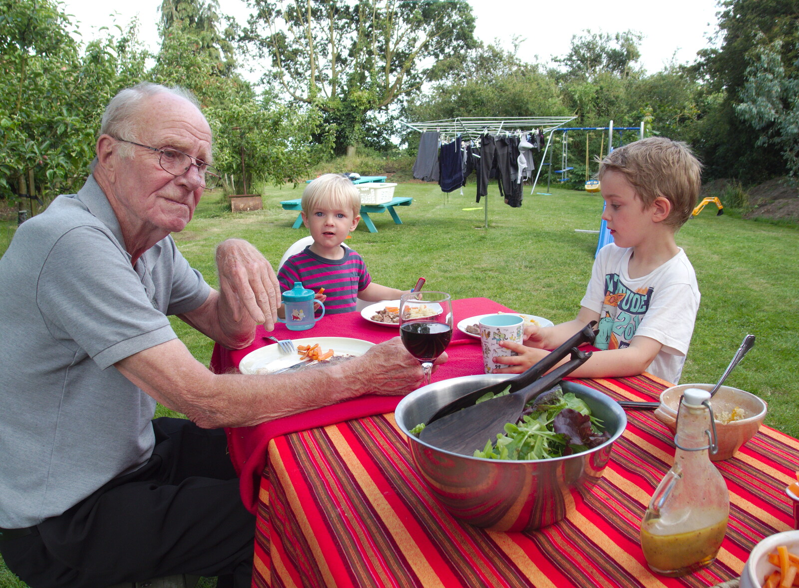Grandad and the boys eat tea in the garden from The BBs at Diss Rugby Club, Bellrope Lane, Roydon, Norfolk - 7th June 2014
