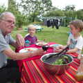 Grandad and the boys eat tea in the garden, The BBs at Diss Rugby Club, Bellrope Lane, Roydon, Norfolk - 7th June 2014
