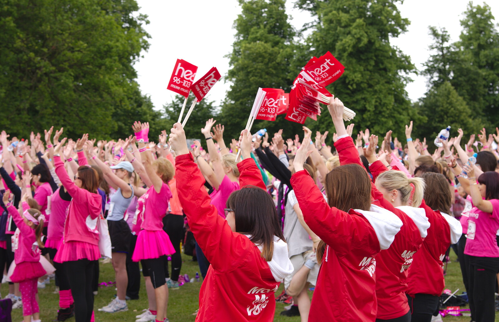 The Heart FM crew wave Heart flags around from Isobel's Race For Life, Chantry Park, Ipswich - 11th June 2014