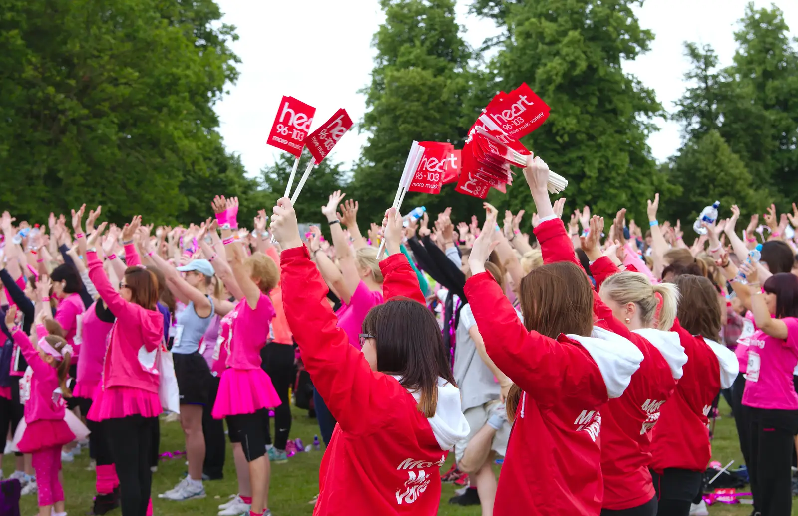 The Heart FM crew wave Heart flags around, from Isobel's Race For Life, Chantry Park, Ipswich - 11th June 2014