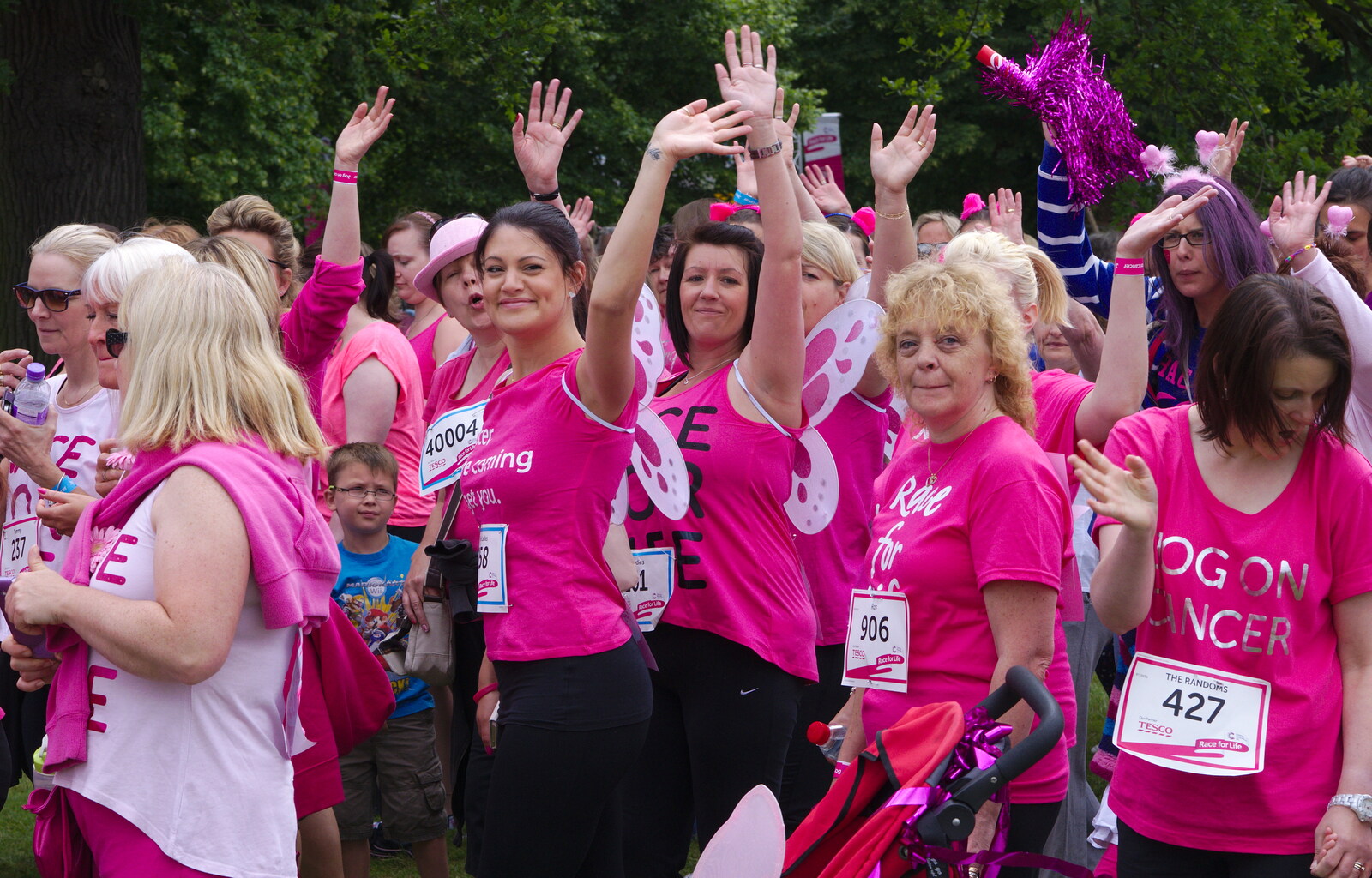 A bunch of 'pink ladies' wave from Isobel's Race For Life, Chantry Park, Ipswich - 11th June 2014