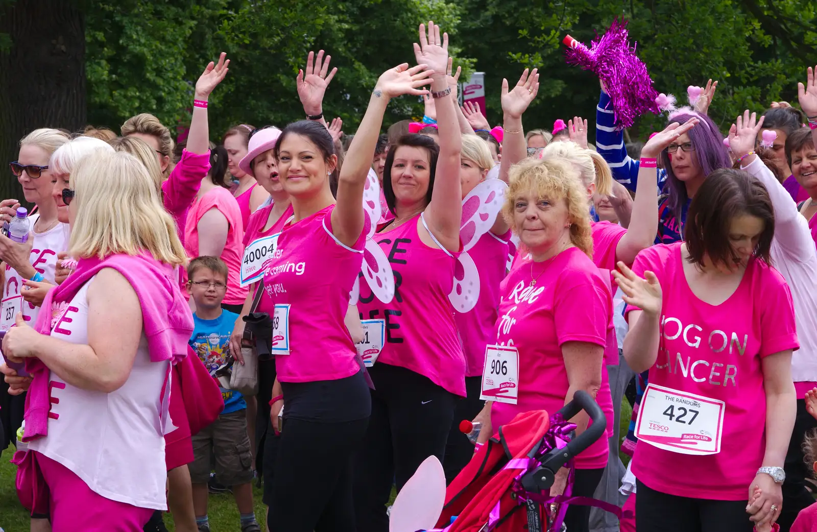 A bunch of 'pink ladies' wave, from Isobel's Race For Life, Chantry Park, Ipswich - 11th June 2014