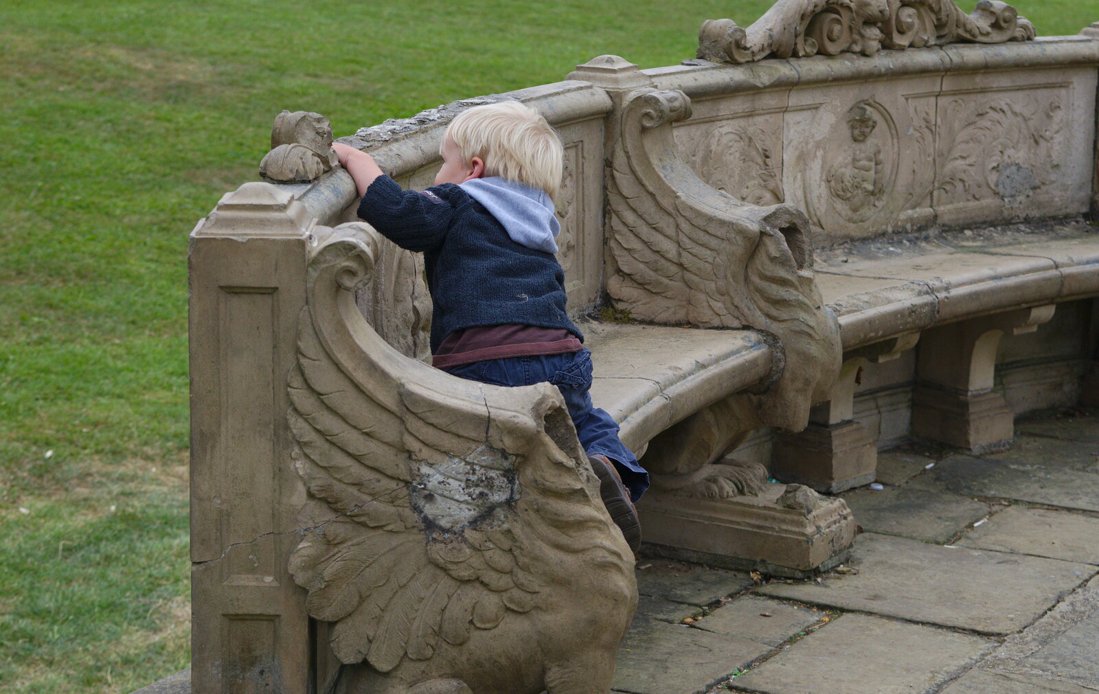 Harry climbs on a stone bench from Isobel's Race For Life, Chantry Park, Ipswich - 11th June 2014