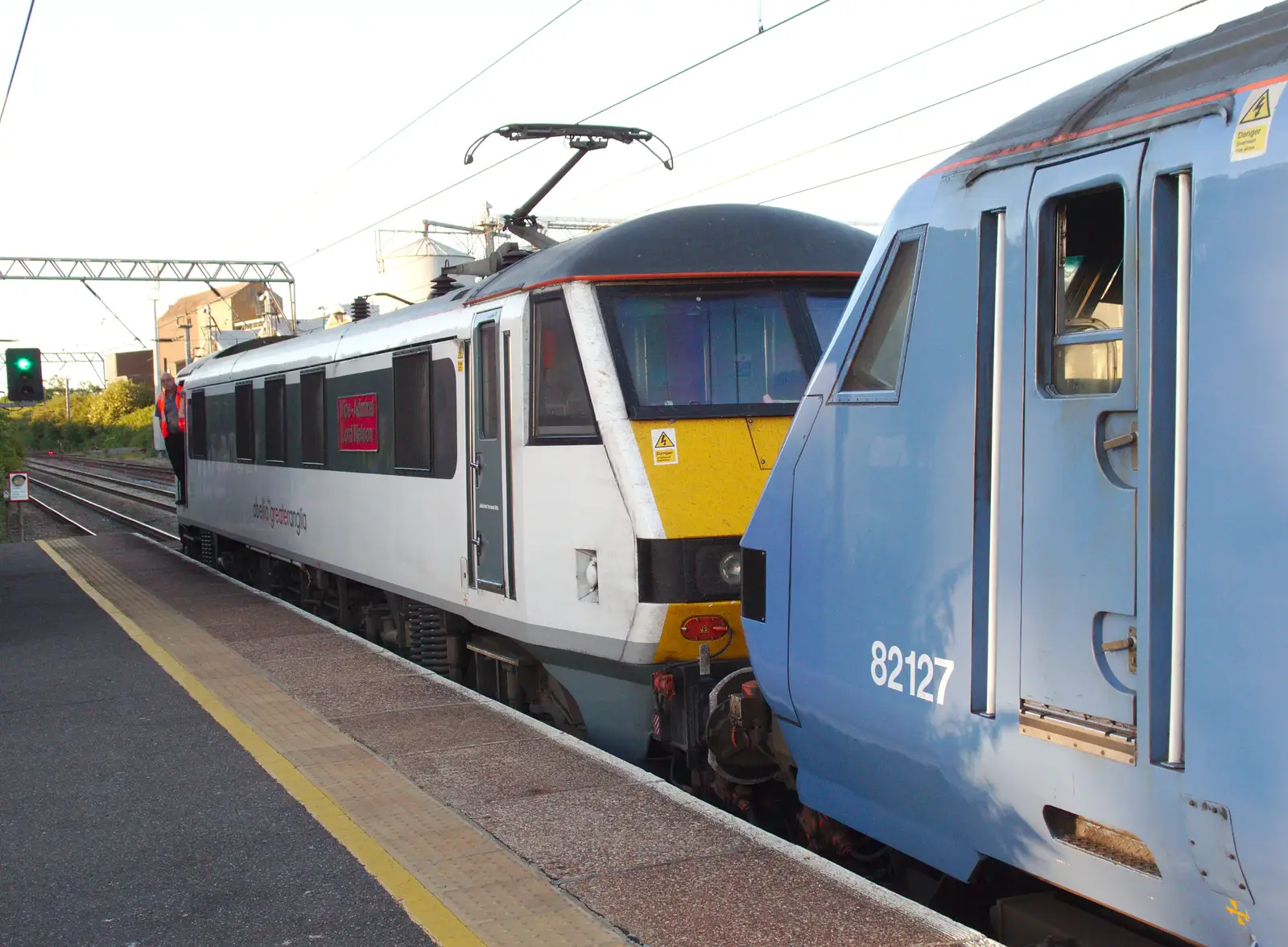 Class 90 90005 'Lord Nelson' is stuck on the front, from Railway Hell: A Pantograph Story, Chelmsford, Essex - 17th June 2014