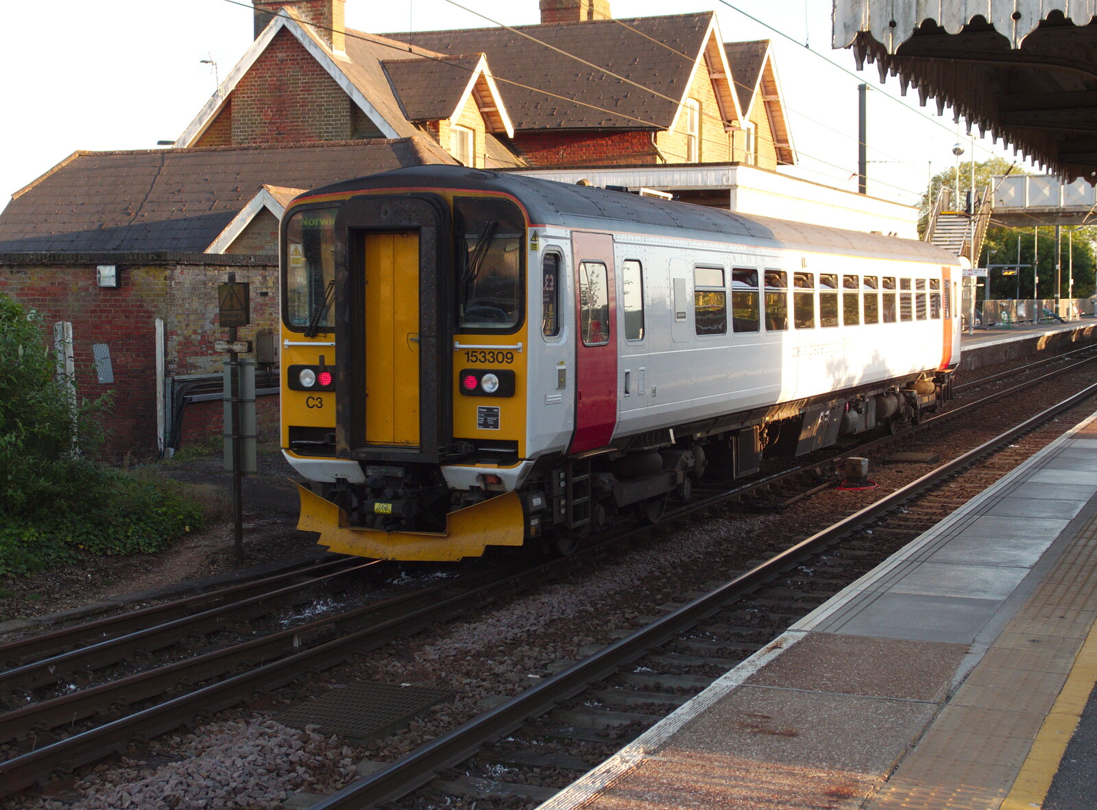 A single Class 153 unit rumbles through Diss from Railway Hell: A Pantograph Story, Chelmsford, Essex - 17th June 2014