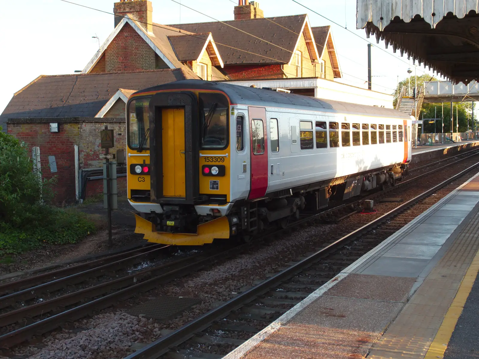 A single Class 153 unit rumbles through Diss, from Railway Hell: A Pantograph Story, Chelmsford, Essex - 17th June 2014