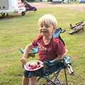 Harry eats strawberries and cream, A Weekend in the Camper Van, West Harling, Norfolk - 21st June 2014