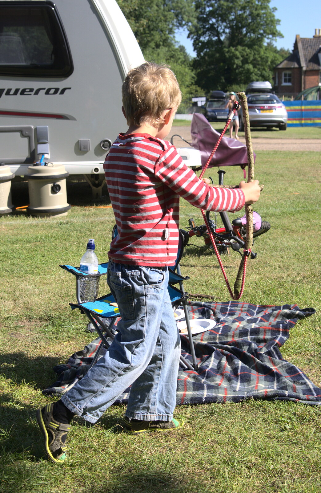 Fred roams around with a home-made bow and arrow from A Weekend in the Camper Van, West Harling, Norfolk - 21st June 2014