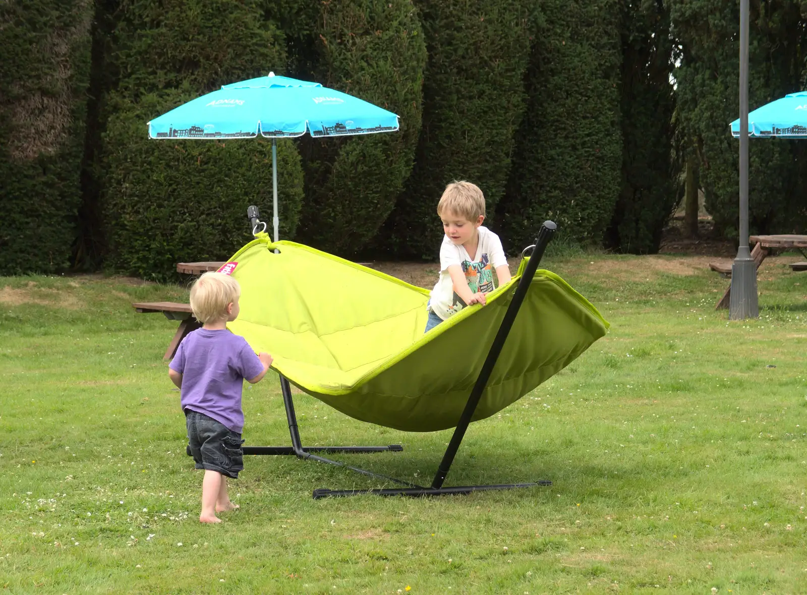 Harry and Fred on a hammock, from SwiftKey Innovation Days, The Haymarket, London - 27th June 2014