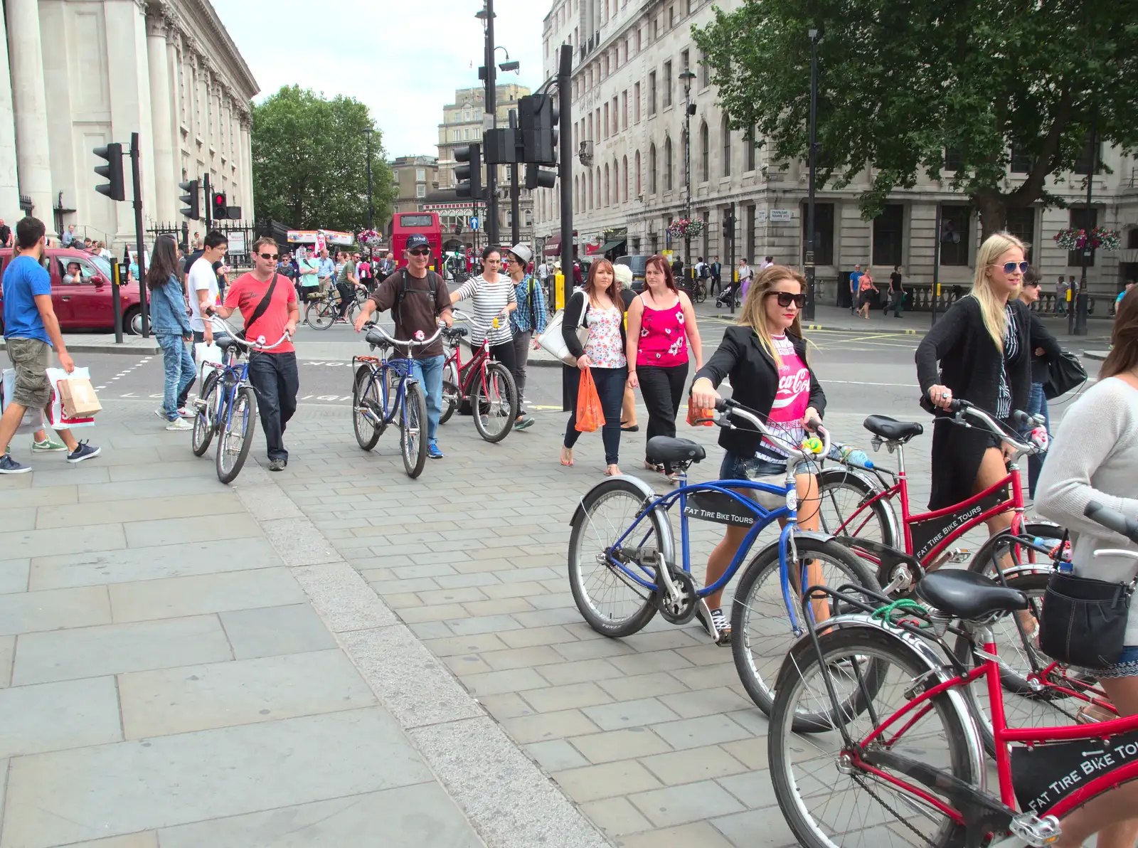 A bike-tour group passes through Trafalgar Square, from SwiftKey Innovation Days, The Haymarket, London - 27th June 2014