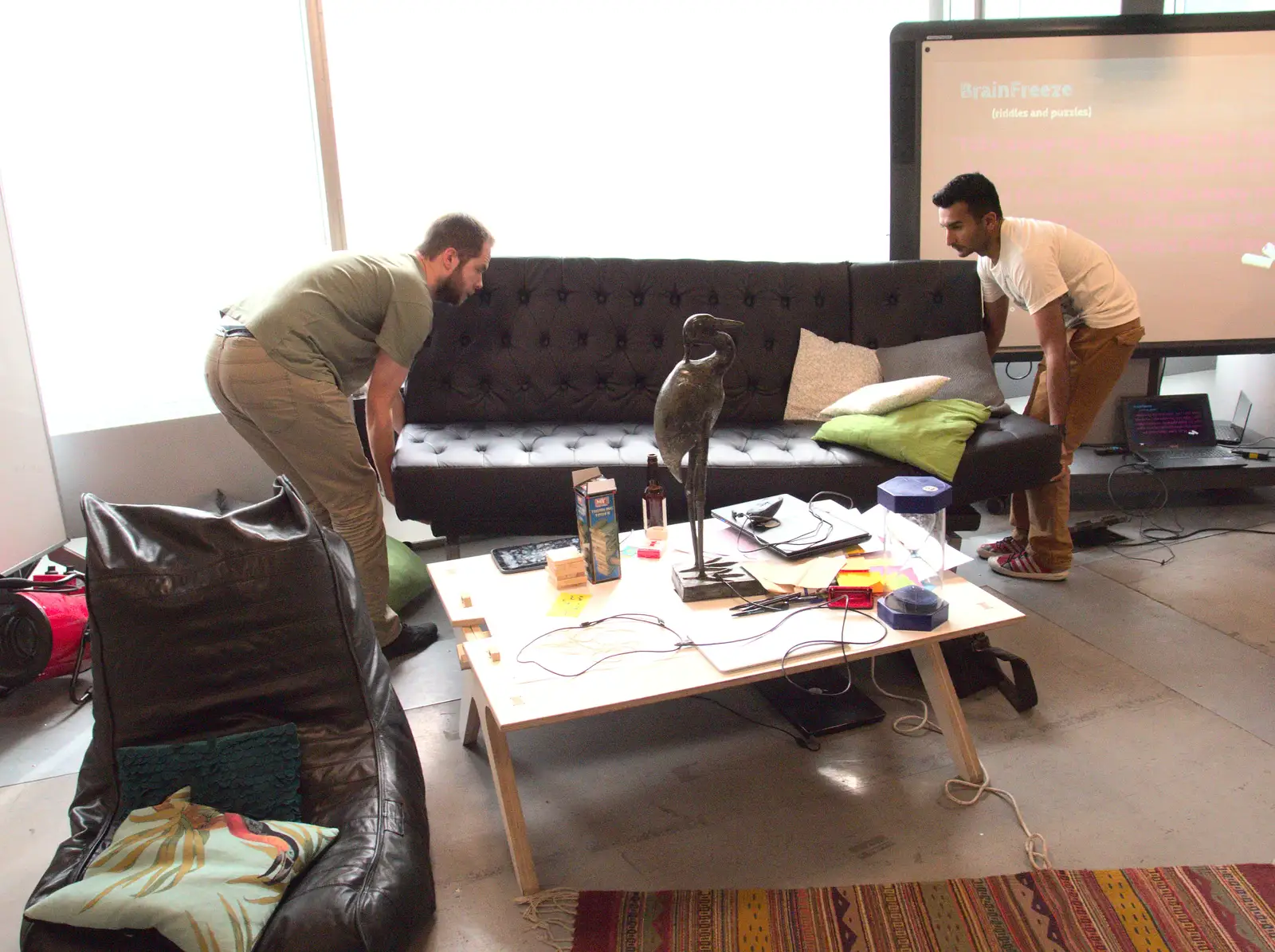 Błażej and Chet move a sofa around, from SwiftKey Innovation Days, The Haymarket, London - 27th June 2014